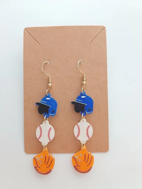 Fashion Jewelry Blue Helmet, White Baseball & Orange Glove Dangle Earrings - Picture 2 of 3